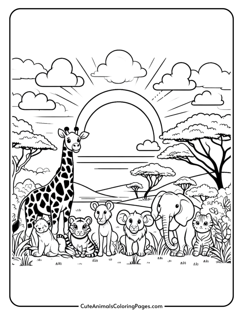 Coloring page featuring a group of cute safari animals including a giraffe, lion, elephant, and tiger, set against a savannah landscape with a sunset and clouds.