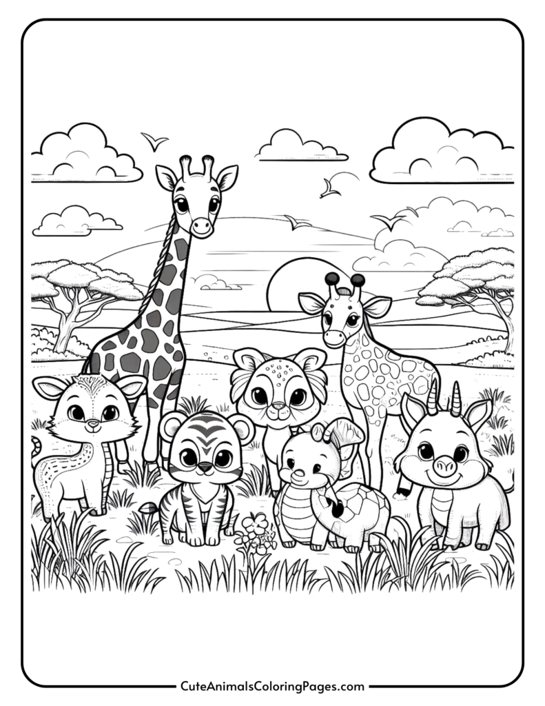 Cute cartoon animals coloring page featuring a giraffe, zebra, deer, tiger, koala, turtle, and buffalo in a savanna landscape.