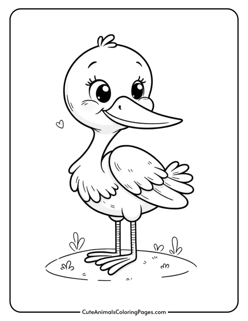 Cute cartoon stork coloring page for kids featuring a smiling stork standing on grass with a small heart in the background.