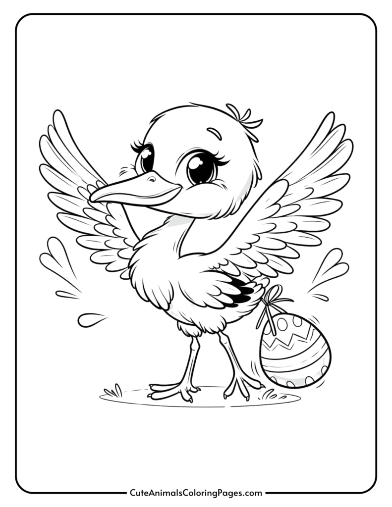 Cute duckling with large eyes and outstretched wings standing next to an Easter egg, coloring page for kids.