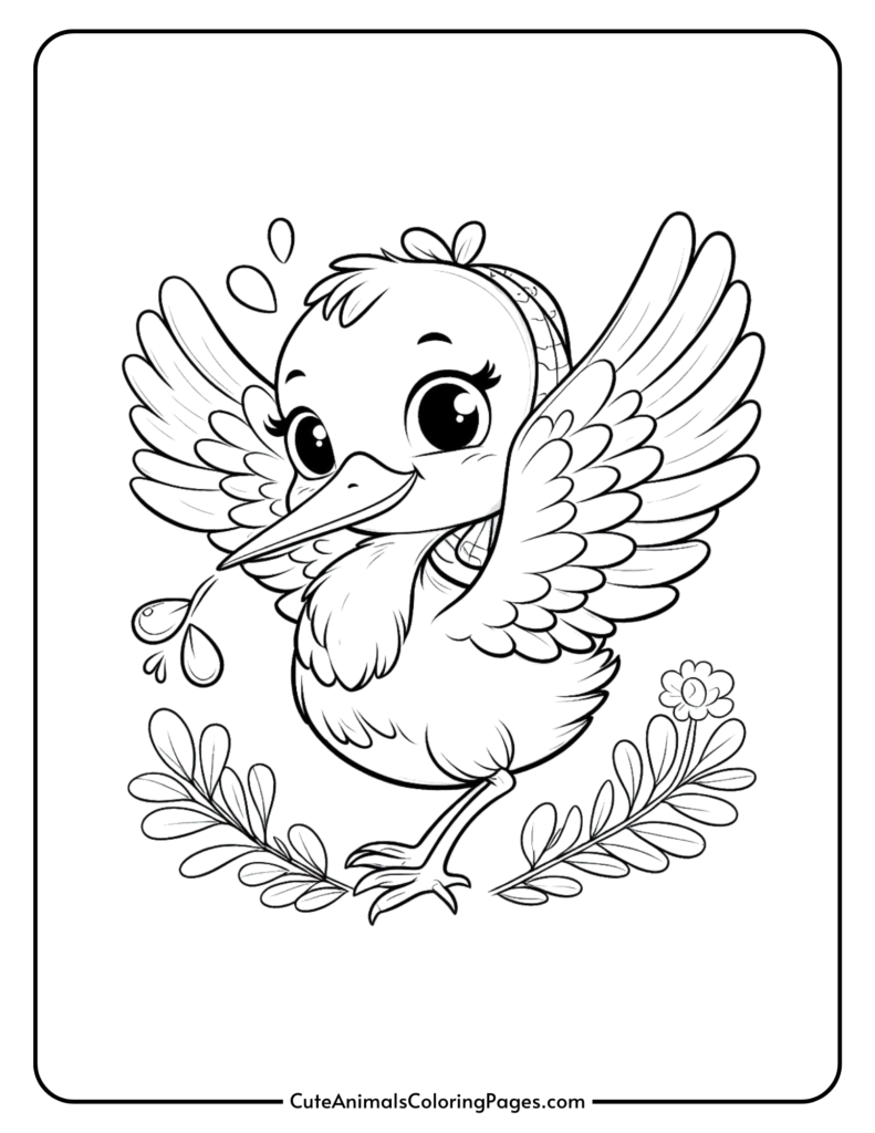 Cute cartoon bird coloring page with a smiling bird holding a leaf in its beak, surrounded by decorative foliage.