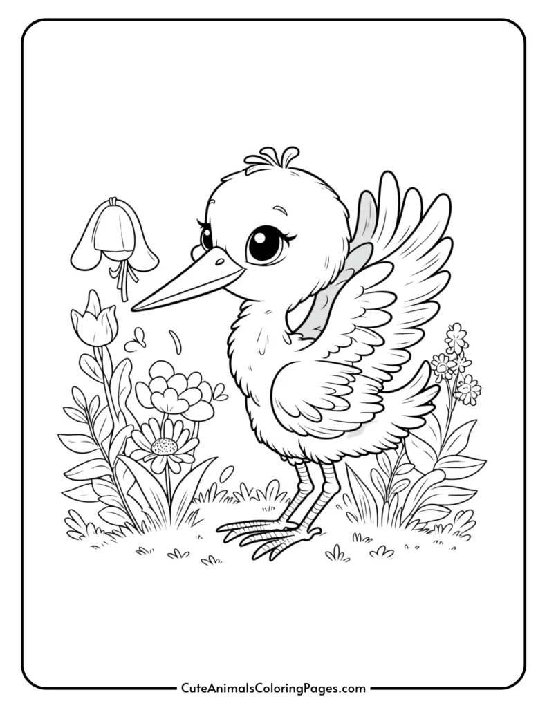 Cute bird coloring page for kids featuring a baby bird standing in a garden with flowers, ideal for printable animal coloring activities.