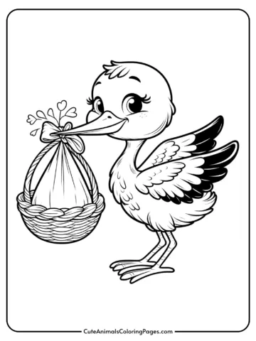 Cute stork carrying a basket coloring page for kids.