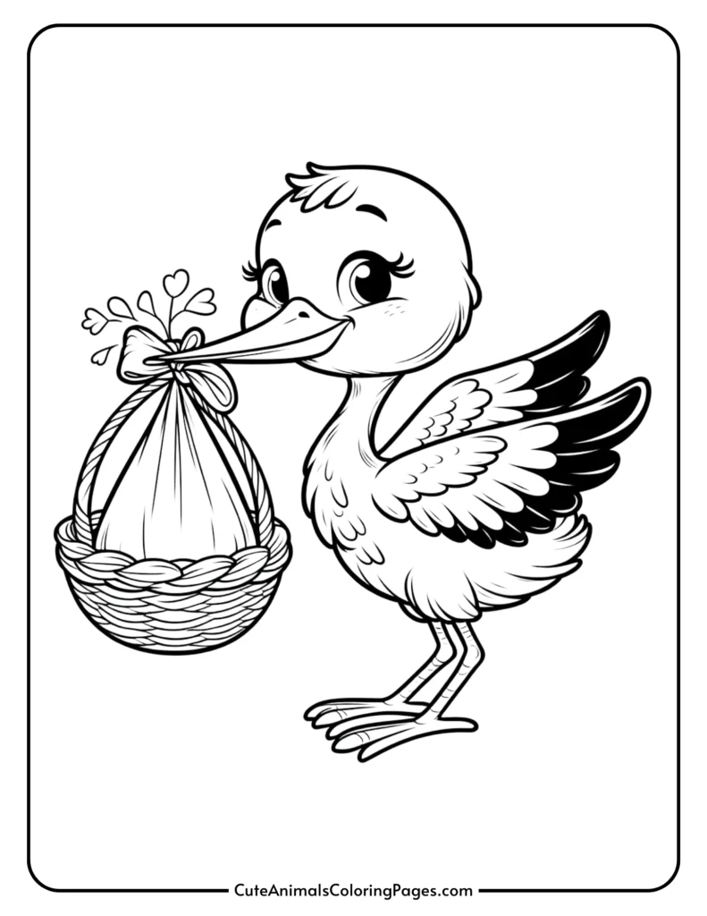 Cute stork carrying a basket coloring page for kids.