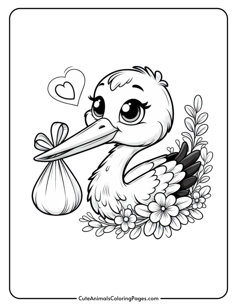 Cute cartoon stork holding a bundle surrounded by flowers coloring page for kids.