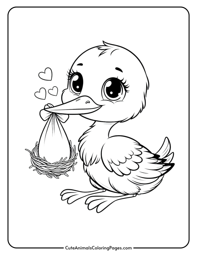 Cute baby bird holding a bundle with hearts around, coloring page for kids.