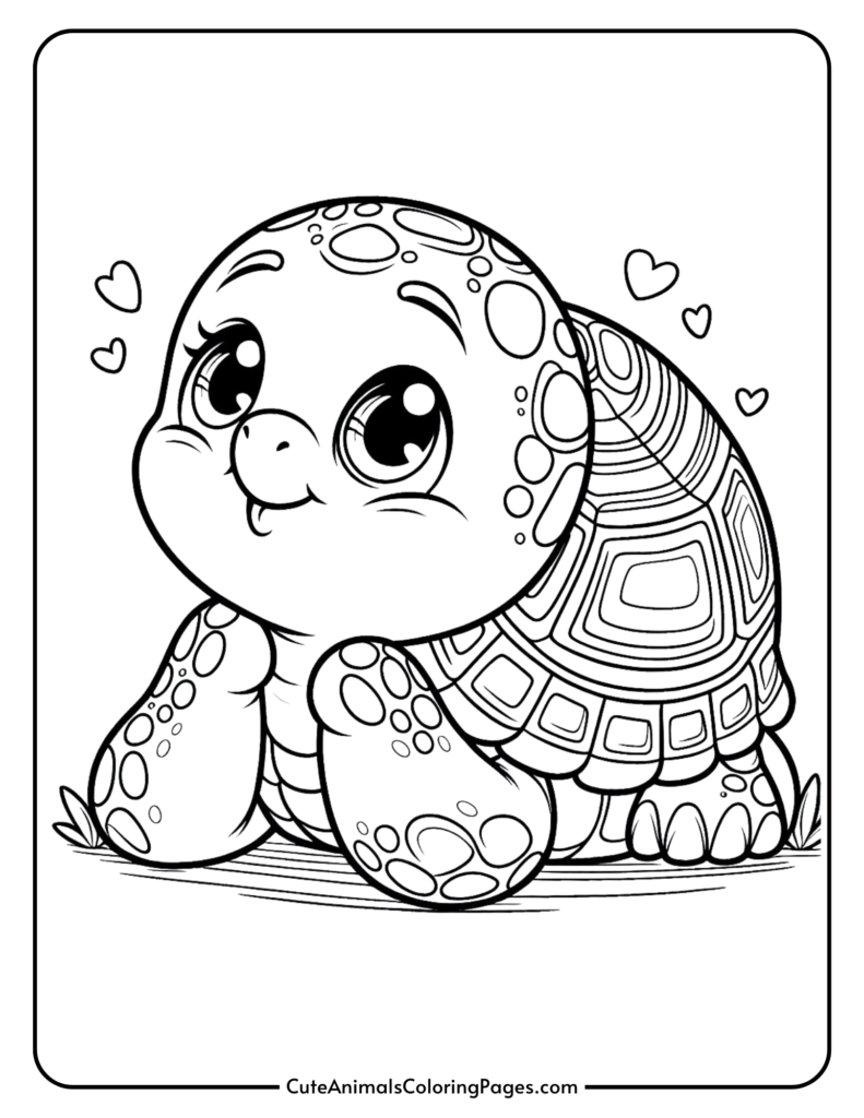 Cute turtle coloring page for kids with heart designs.