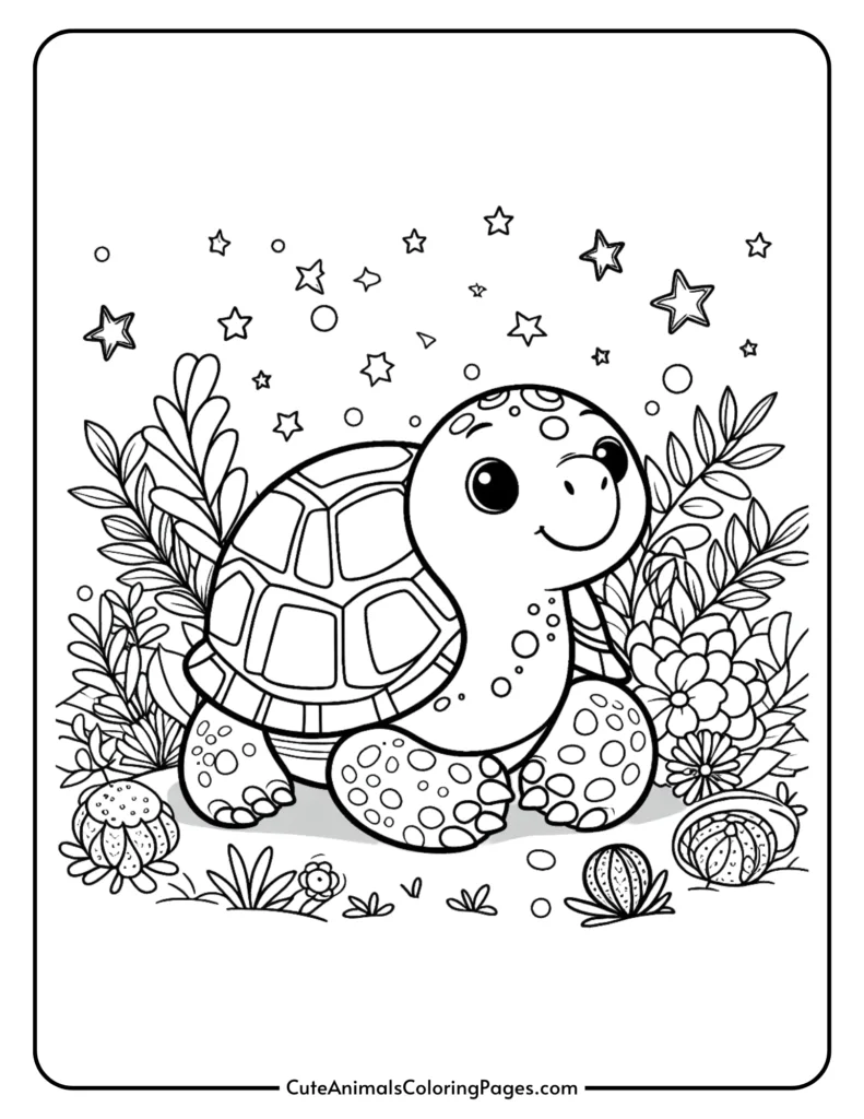 Cute turtle coloring page for kids featuring a smiling turtle with stars and plants in the background.