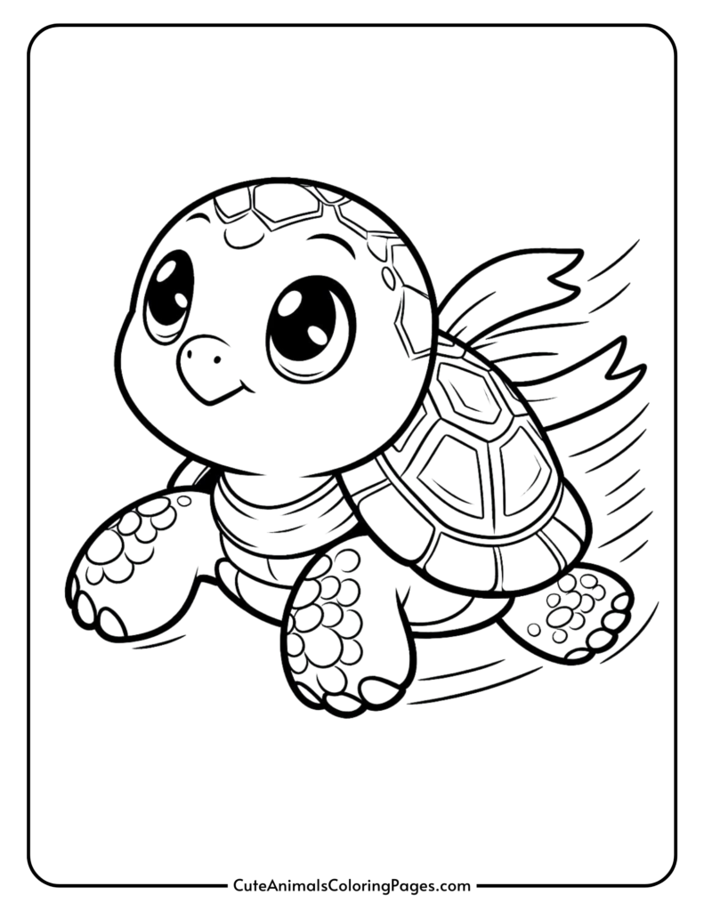 Cute cartoon tortoise coloring page for kids.