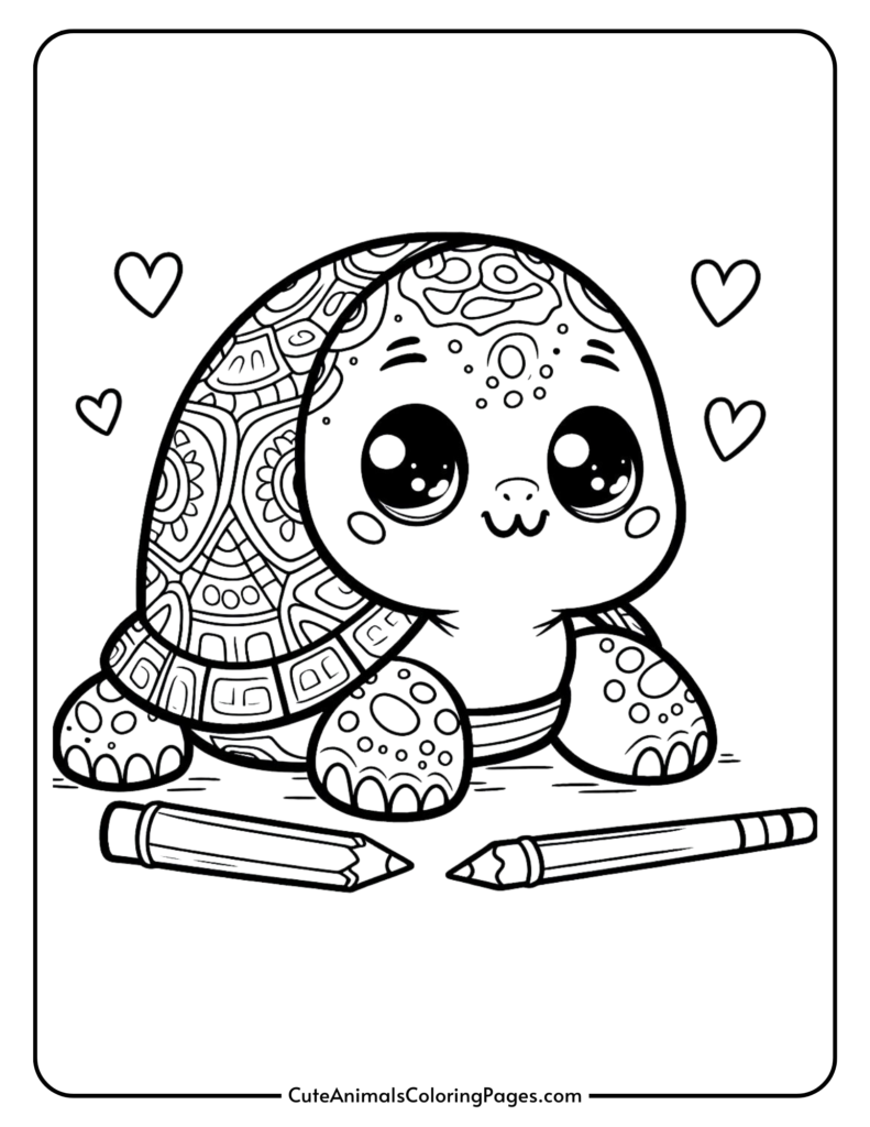 Cute baby tortoise coloring page with detailed shell patterns, surrounded by hearts and crayons, ideal for kids' coloring activities.