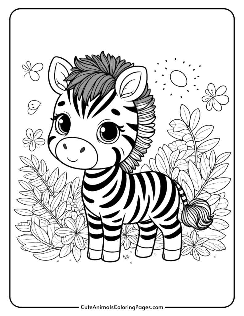 Cute zebra coloring page for kids featuring a cartoon zebra standing in a garden with flowers, butterflies, and a sun in the background.