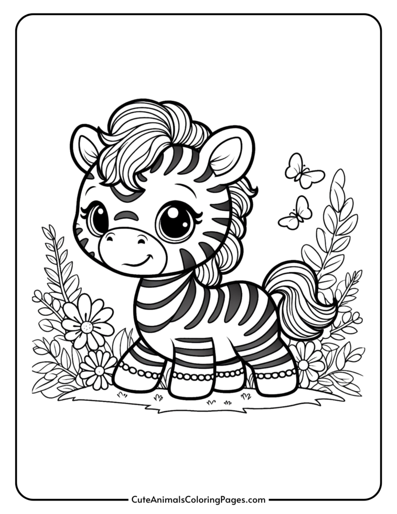 Cute zebra coloring page for kids with flowers and butterflies in the background.