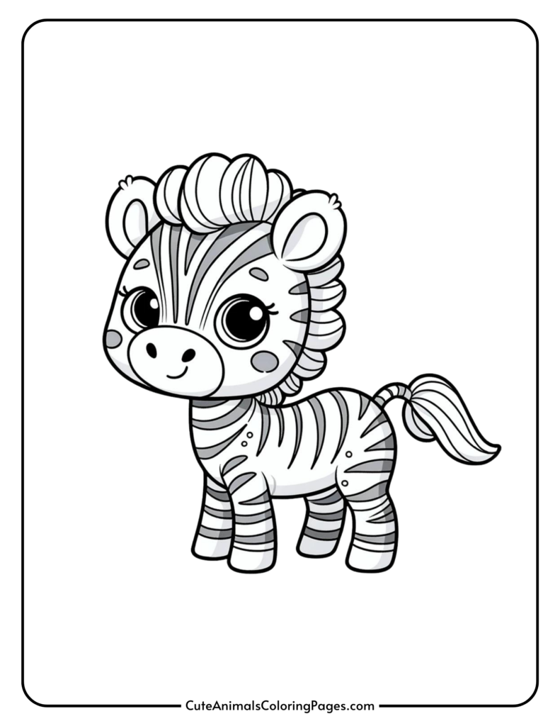 Cute zebra for kids featuring a smiling cartoon zebra with big eyes and striped body.