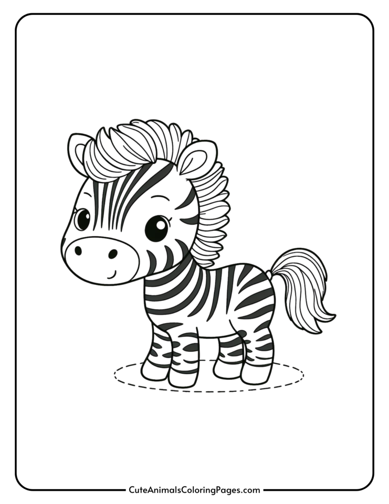 Cute zebra for kids to color featuring a smiling zebra with stripes and a fluffy tail.