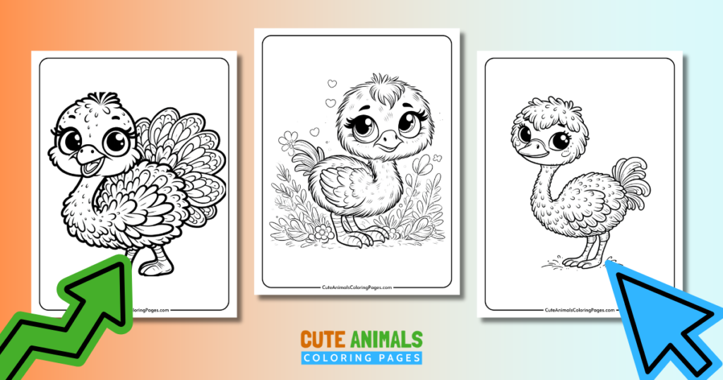 Three cute baby bird coloring pages with cartoon-style illustrations, featuring a chick, a duckling, and an ostrich.