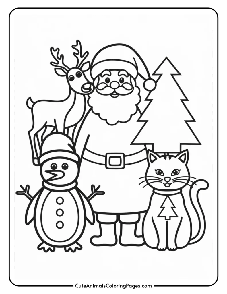 Coloring page featuring Santa Claus, a reindeer, a snowman, a cat, and a Christmas tree, designed for holiday-themed activities.