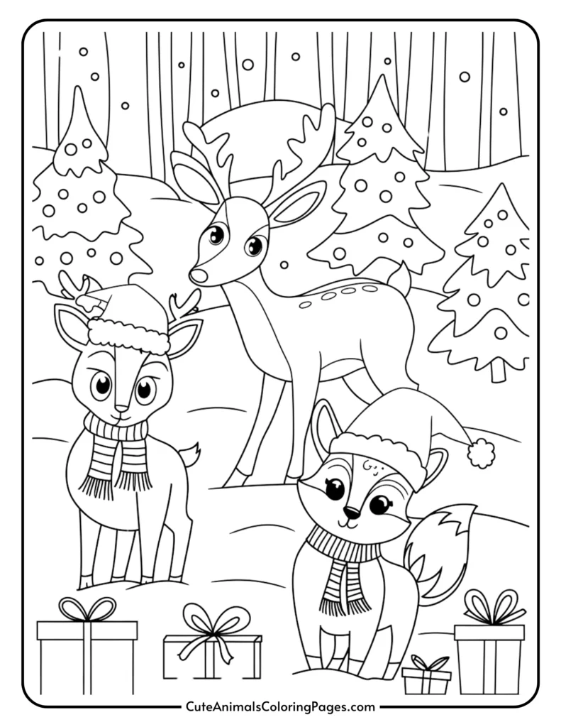 Coloring page featuring a festive winter scene with a reindeer and a fox wearing hats and scarves, surrounded by Christmas trees and gift boxes. Ideal for kids' holiday activities and creative expression.