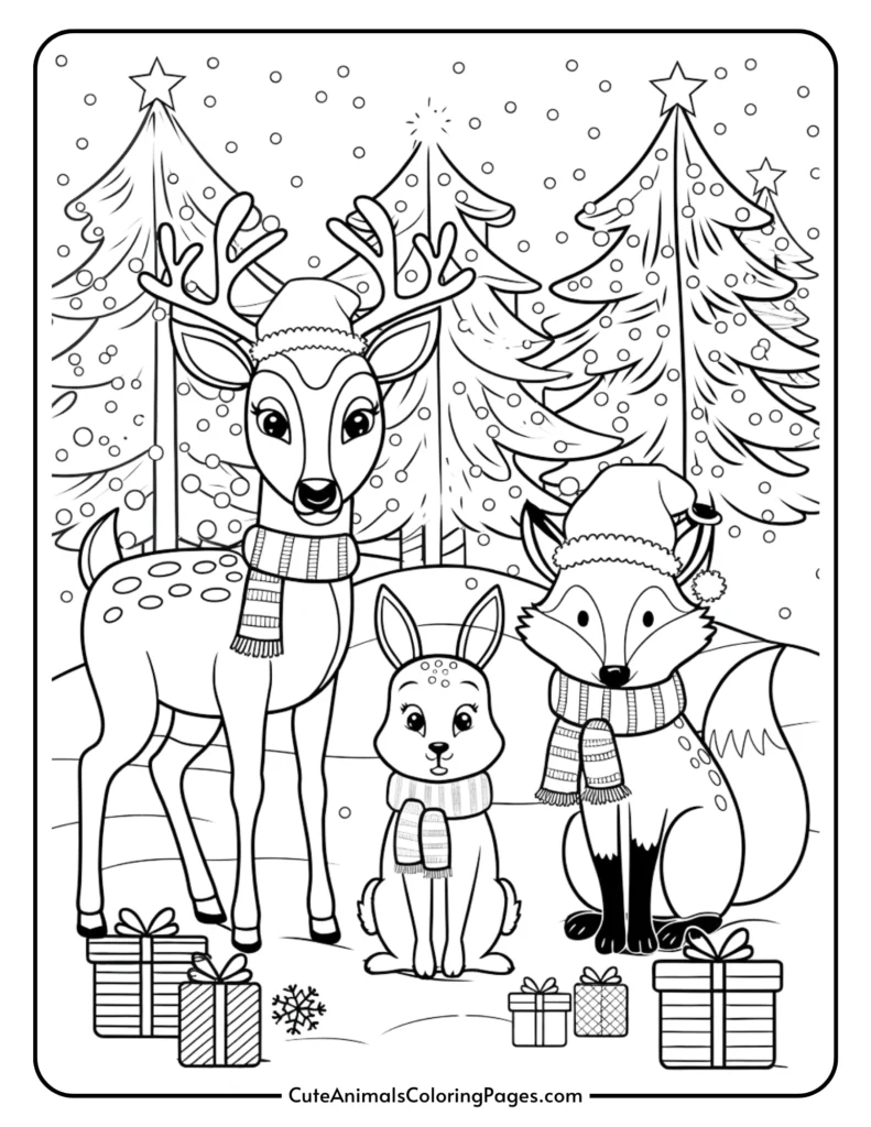 Cute black and white coloring page featuring a festive scene with a deer, a rabbit, and a fox wearing winter scarves and hats, surrounded by Christmas trees and wrapped gifts. Ideal for holiday-themed coloring activities for children.