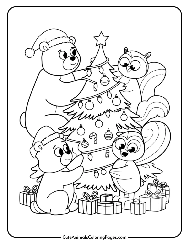 Coloring page featuring cute cartoon animals, including bears, a squirrel, and an owl, decorating a Christmas tree with ornaments and surrounded by presents. Perfect for holiday-themed coloring activities for kids.