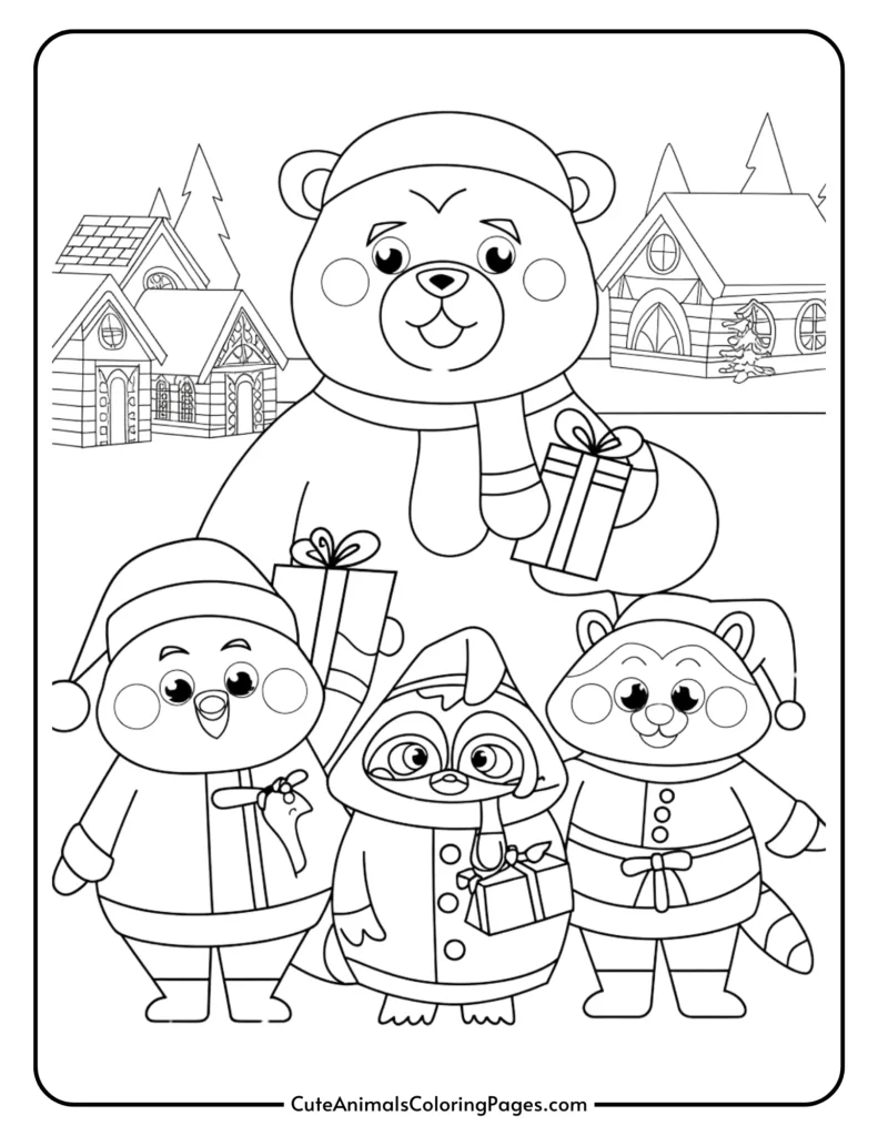 Coloring page featuring a cheerful bear, a bird, a raccoon, and a penguin, all dressed in festive winter attire and holding gifts, with snowy houses and trees in the background. Ideal for children's holiday-themed activities.