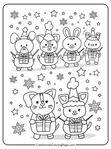 Coloring page featuring six adorable cartoon animals, including a bunny, cat, and dog, all dressed in festive attire and holding gifts. The background is decorated with stars and snowflakes, perfect for holiday-themed coloring activities.