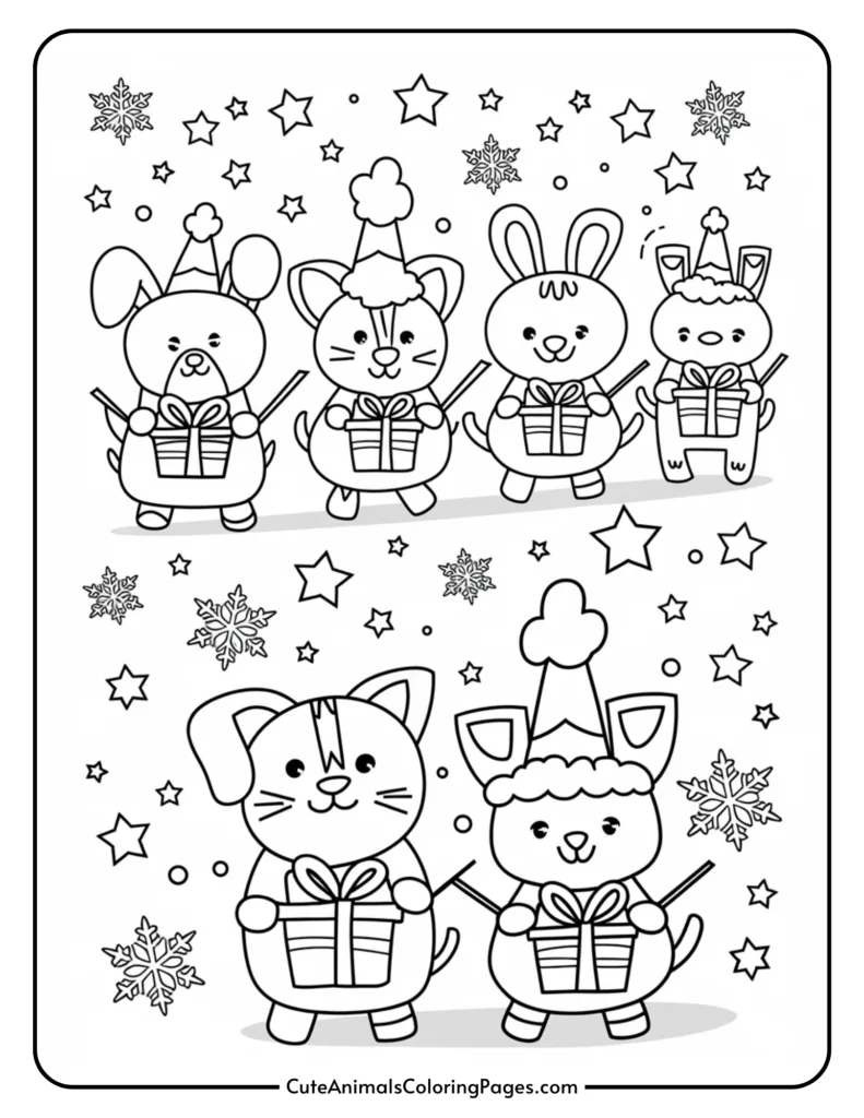 Coloring page featuring six adorable cartoon animals, including a bunny, cat, and dog, all dressed in festive attire and holding gifts. The background is decorated with stars and snowflakes, perfect for holiday-themed coloring activities.