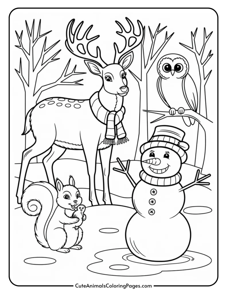 Winter-themed coloring page featuring a cheerful snowman, a deer wearing a scarf, an owl perched on a branch, and a playful squirrel holding an acorn, surrounded by trees and puddles.