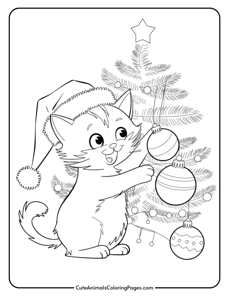 Cute kitten wearing a Santa hat joyfully decorating a Christmas tree with colorful ornaments in a black and white coloring page. Perfect for holiday-themed art activities for kids.