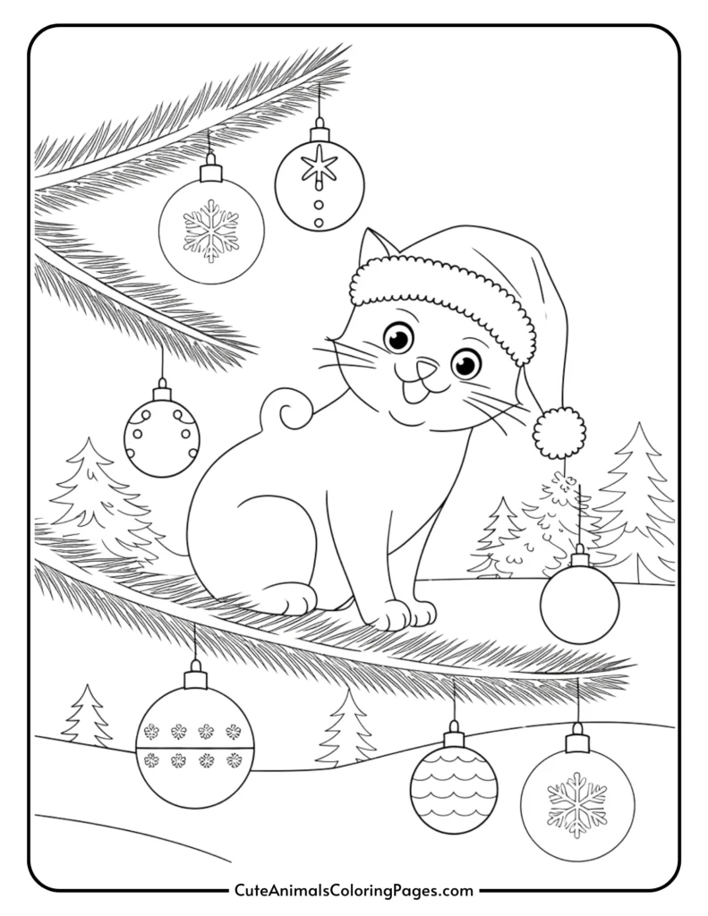 Coloring page featuring a cute cat wearing a Santa hat, perched on a pine branch decorated with hanging Christmas ornaments and snowflakes, surrounded by festive trees. Ideal for holiday-themed coloring activities.