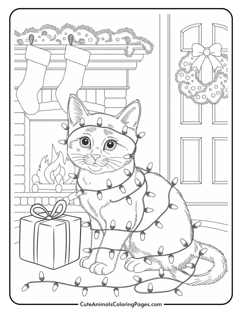 A playful cat wrapped in Christmas lights sits near a decorated fireplace, surrounded by holiday stockings and a gift box, creating a festive winter scene for coloring.