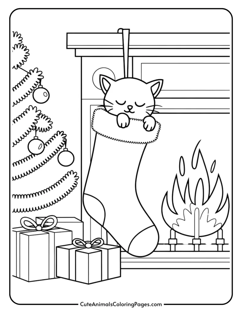 Coloring page featuring a cute cat sleeping in a Christmas stocking, hanging by a fireplace, with a decorated Christmas tree and wrapped presents nearby. Perfect for holiday-themed coloring activities.