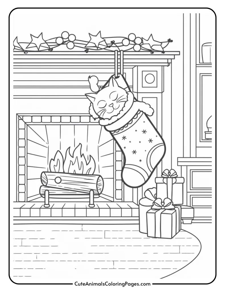 Coloring page featuring a cozy fireplace with a sleeping cat in a Christmas stocking, surrounded by festive decorations and wrapped gifts. Perfect for holiday-themed art activities.