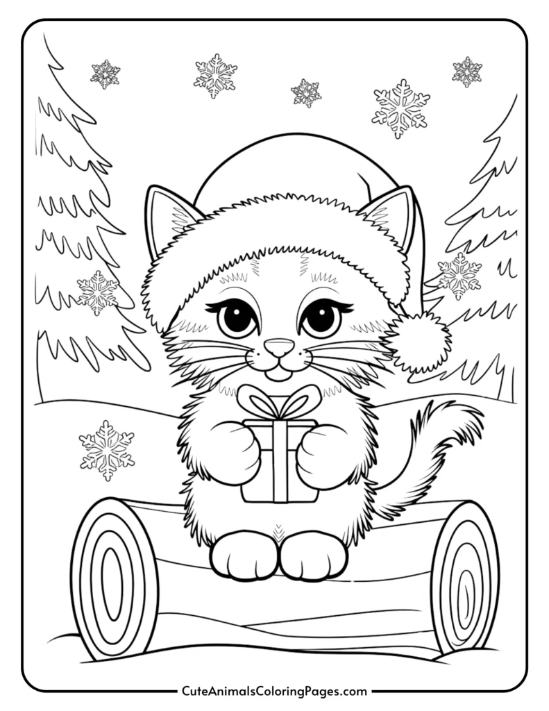 Cute cartoon cat wearing a Santa hat, holding a gift, set against a winter background with snowflakes and pine trees, ideal for coloring activities.