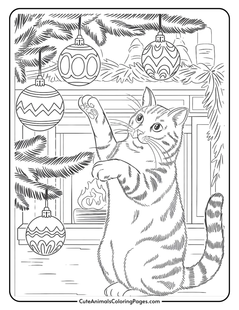 A playful cat reaching for colorful ornaments hanging from a Christmas tree, with a cozy fireplace in the background, perfect for a holiday-themed coloring page.