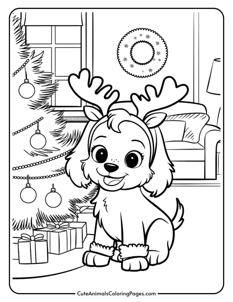 A cute dog wearing reindeer antlers sits beside a decorated Christmas tree with presents, in a cozy living room setting, ready for holiday coloring fun.