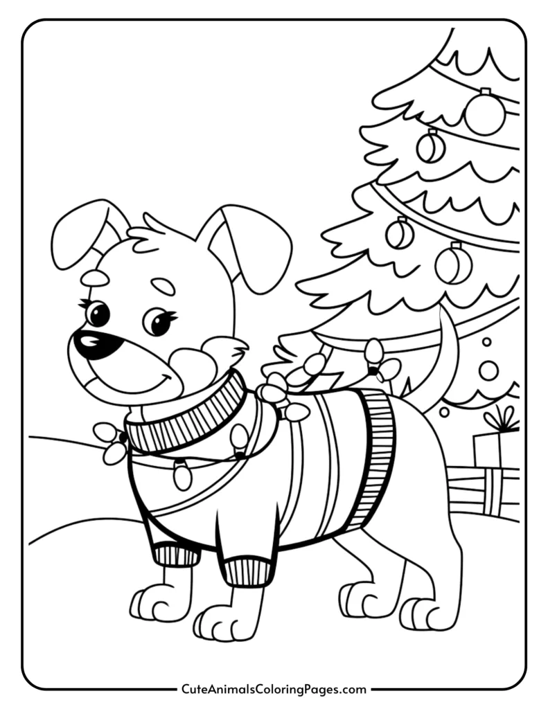 Cute cartoon dog wearing a sweater and adorned with Christmas lights, standing next to a decorated Christmas tree with ornaments and presents, designed for a coloring page.