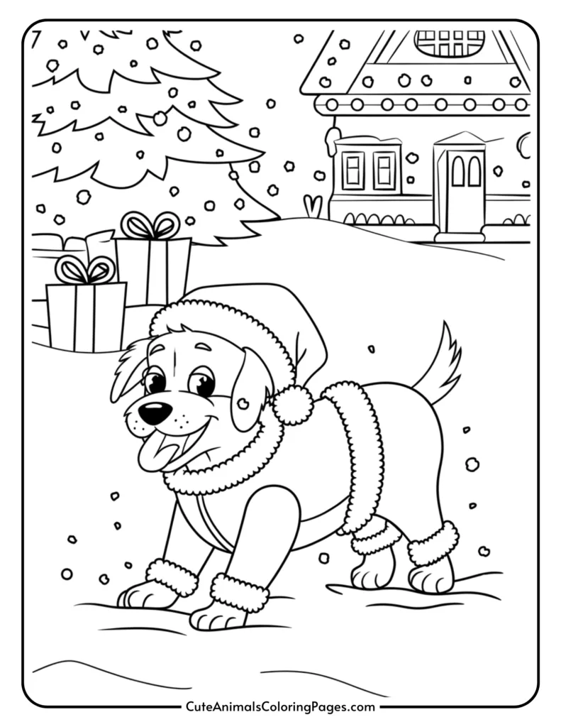 A playful puppy wearing a festive Santa hat and a warm outfit stands in a snowy landscape, surrounded by holiday gifts, a decorated Christmas tree, and a cozy house in the background. Perfect for a holiday coloring activity.