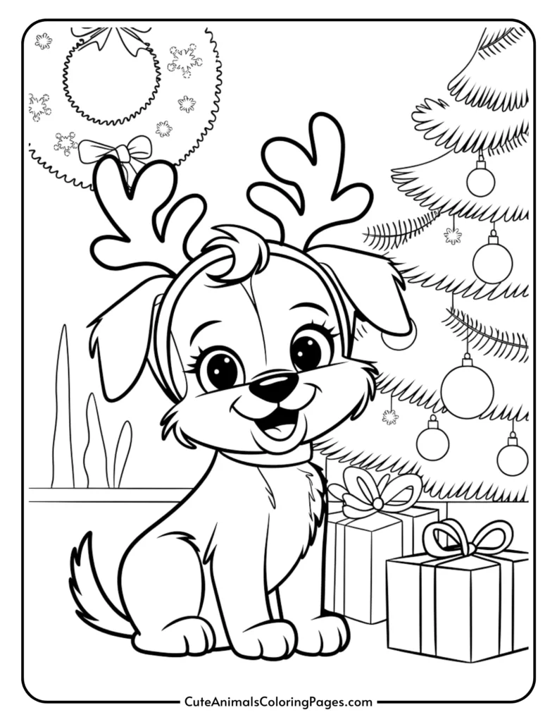 A cute cartoon dog wearing reindeer antlers sits beside a decorated Christmas tree, surrounded by colorful presents and holiday decorations. This black and white coloring page is perfect for kids and festive activities.