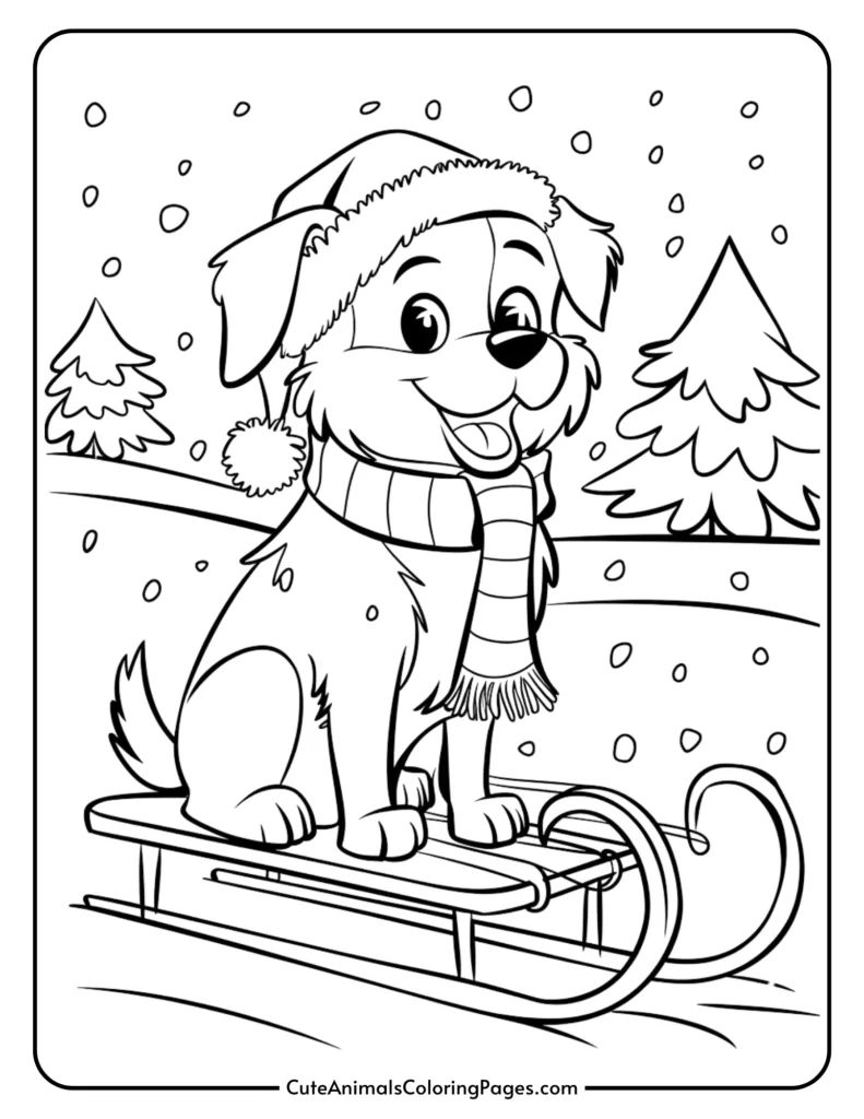 A cheerful dog wearing a Santa hat and a scarf sits on a sled in a snowy landscape, surrounded by trees. This black and white coloring page is perfect for children and animal lovers during the winter season.