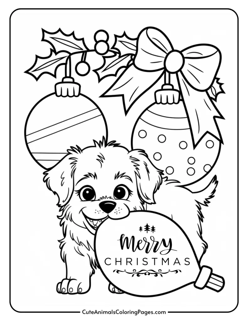 Cute cartoon puppy holding a "Merry Christmas" ornament surrounded by festive decorations like holly and Christmas baubles, perfect for holiday coloring activities.