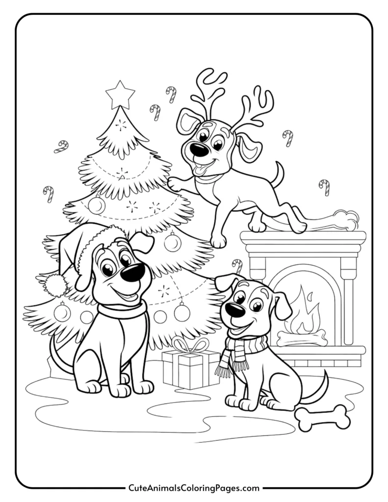 Coloring page featuring three playful cartoon dogs celebrating Christmas near a decorated tree, with candy canes and presents, set against a cozy fireplace backdrop. Perfect for holiday-themed arts and crafts activities.