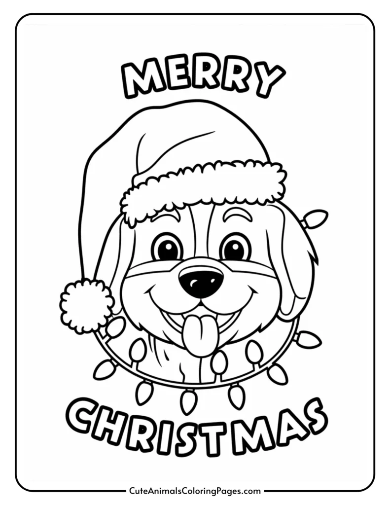 Coloring page featuring a cheerful dog wearing a Santa hat and Christmas lights, with the text "Merry Christmas" above. Ideal for holiday-themed activities and crafts.