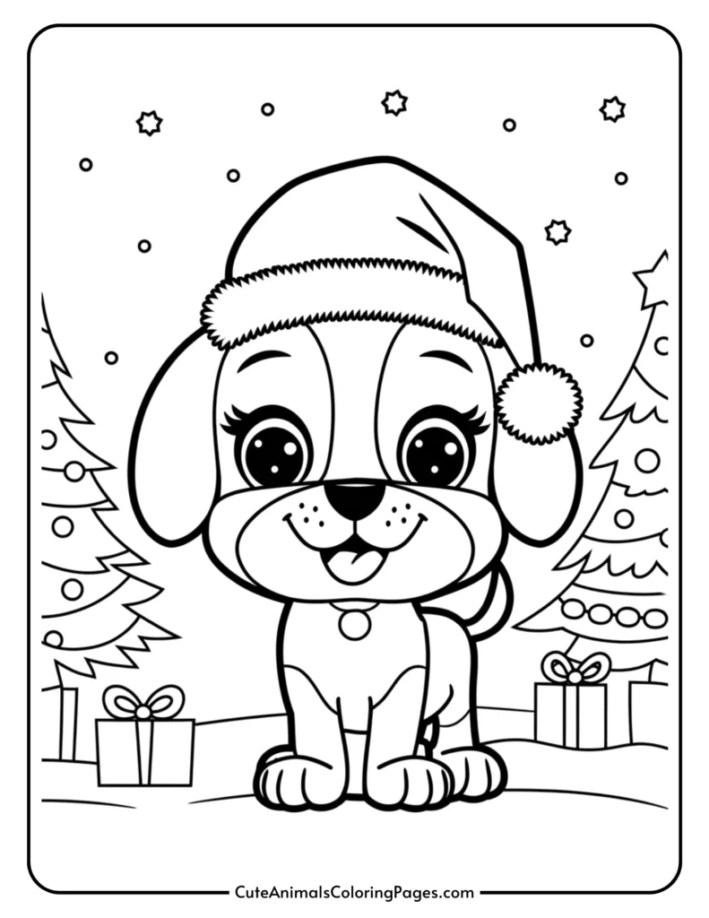 Cute cartoon puppy wearing a Santa hat, surrounded by Christmas trees and presents, set against a snowy background, perfect for a holiday-themed coloring page.