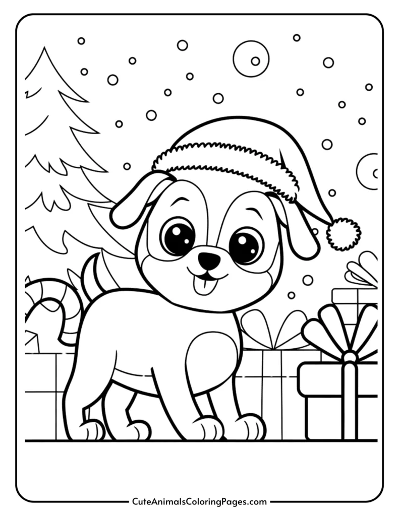 Cute cartoon dog wearing a Santa hat, standing in front of a decorated Christmas tree and wrapped gifts, suitable for a festive coloring activity.