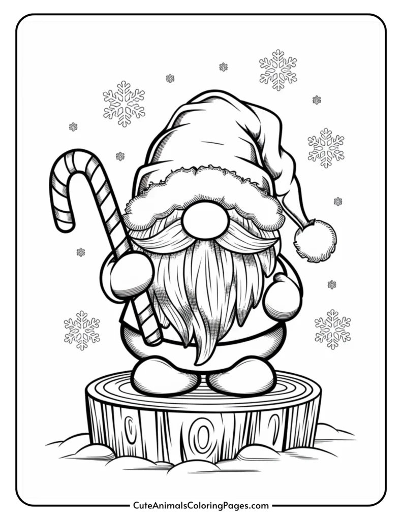 Black and white coloring page featuring a whimsical gnome holding a candy cane, standing on a wooden stump with snowflakes in the background. Ideal for holiday-themed coloring activities.