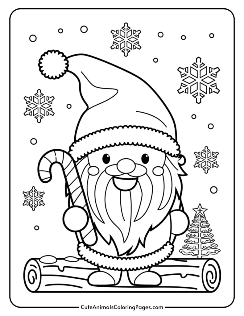 Coloring page featuring a cheerful cartoon gnome holding a candy cane, surrounded by snowflakes and a Christmas tree, set against a wintery background. Perfect for festive coloring activities for kids.