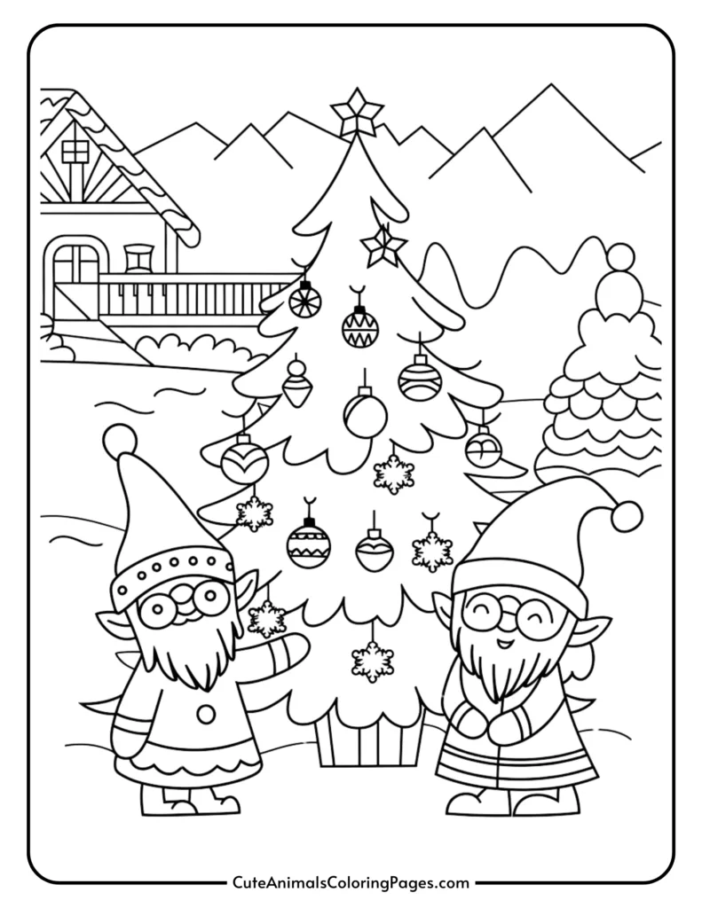 Coloring page featuring two cheerful elves decorating a Christmas tree with ornaments in a snowy landscape, complete with a cozy cabin and mountains in the background. Perfect for holiday-themed coloring activities for children.