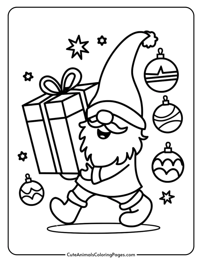 A cheerful gnome carrying a gift, surrounded by Christmas ornaments and stars, in a black and white coloring page design. Perfect for festive holiday-themed coloring activities.