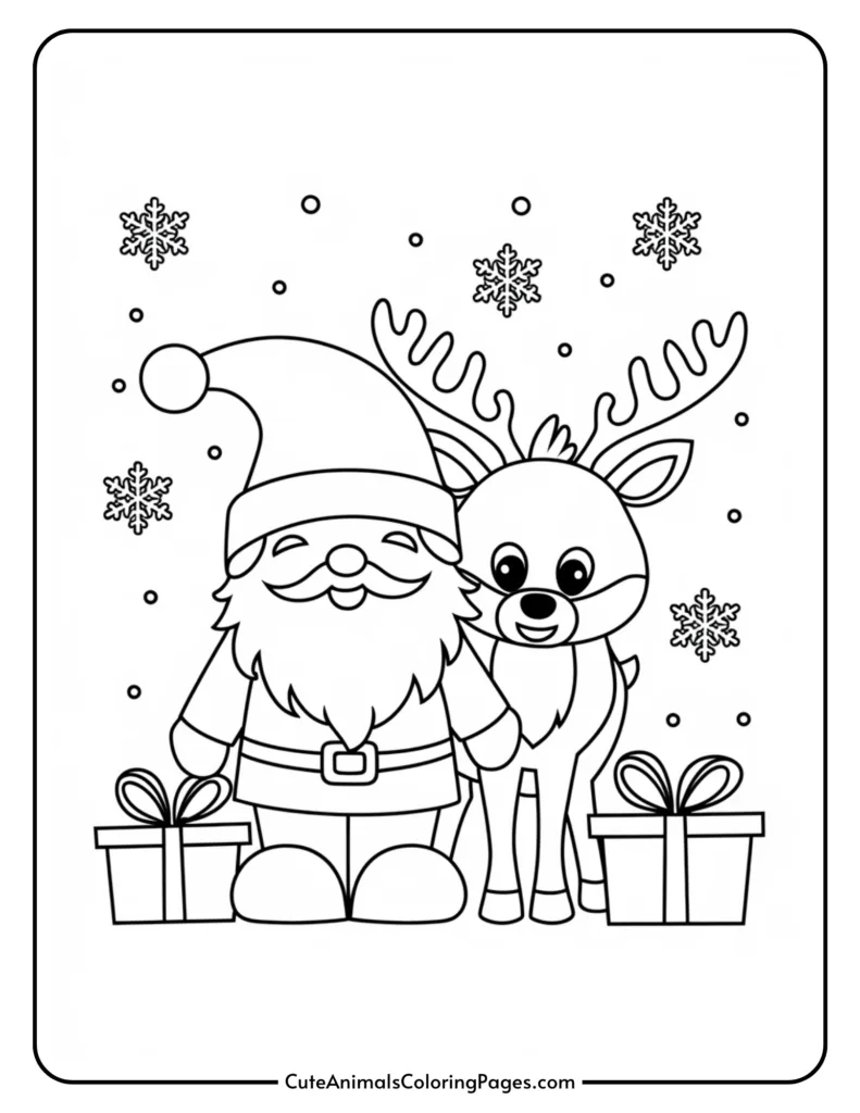 Coloring page featuring Santa Claus and a reindeer surrounded by snowflakes and gift boxes, perfect for holiday-themed activities.