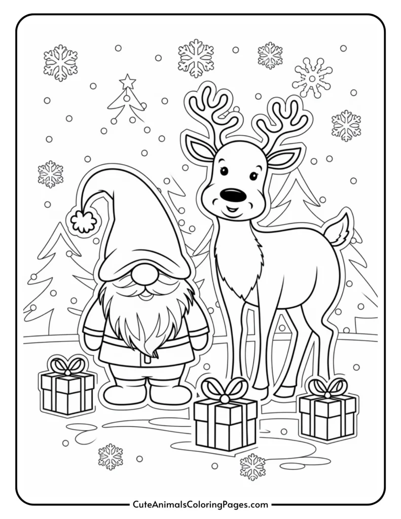 Coloring page featuring a cheerful gnome and a friendly reindeer surrounded by snowflakes and Christmas trees, with gift boxes at their feet, perfect for holiday-themed activities.